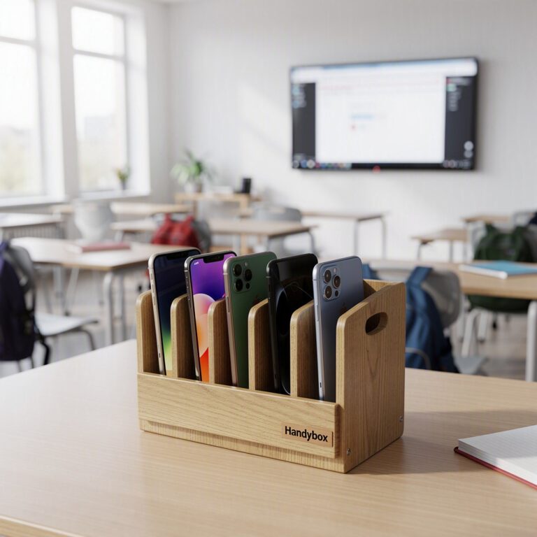 Bild generieren ai generated flux 2 pro Holz Handybox mit Smartphones im modernen Klassenz 03 09